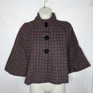 Womens Opening Act Plaid Tweed 3 Big Buttons Lined Cape Poncho Wool Blend Size S